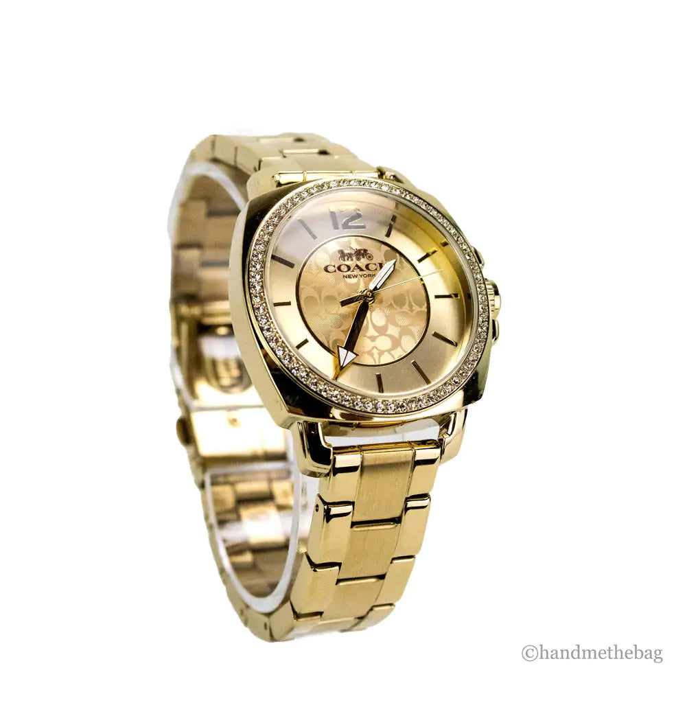 Coach Boyfriend Crystal Bezel Yellow Gold Toned Wrist Watch