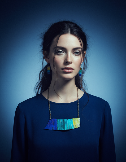 Statement Jewelry Set with Ombre Stripes, Bar Earrings & Asymmetric Necklace - Velora Luxury Fashion