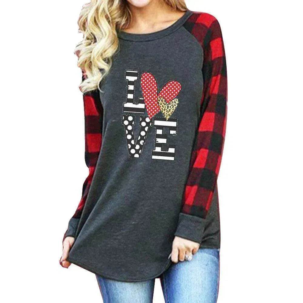 New Color Matching Women's Long-sleeved Valentine's Day Print Series Women's Top - Velora