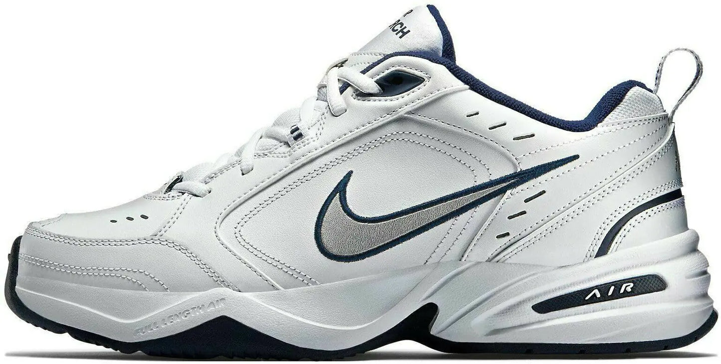 Nike Mens Air Monarch IV Walking Shoes White/Metallic Silver/Midnight Navy Size 11.5 - Velora Luxury Fashion