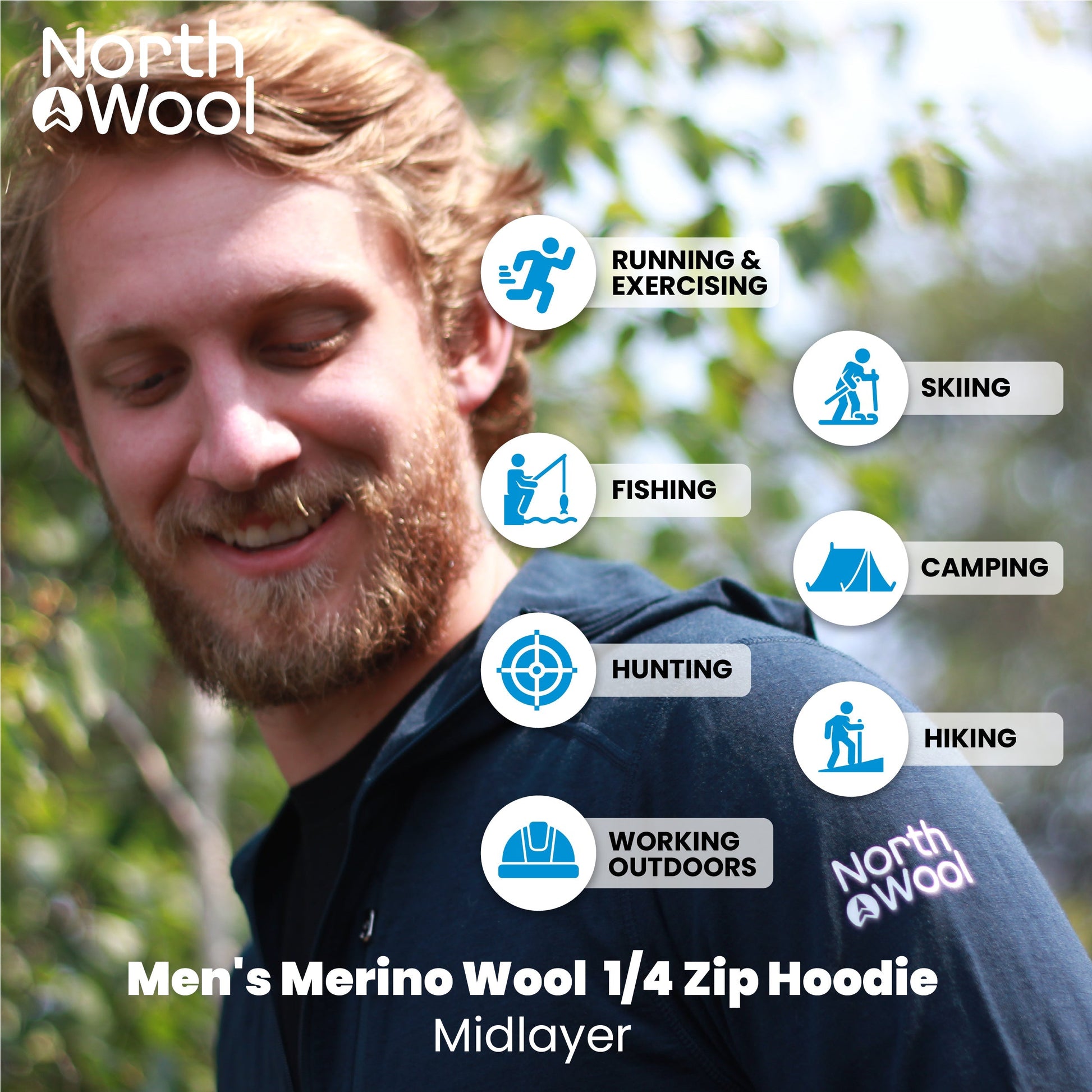 NorthWool Men's Merino Wool 1/4 Zip Midlayer Hoodie with Pouch and Pocket 260 GSM - Velora