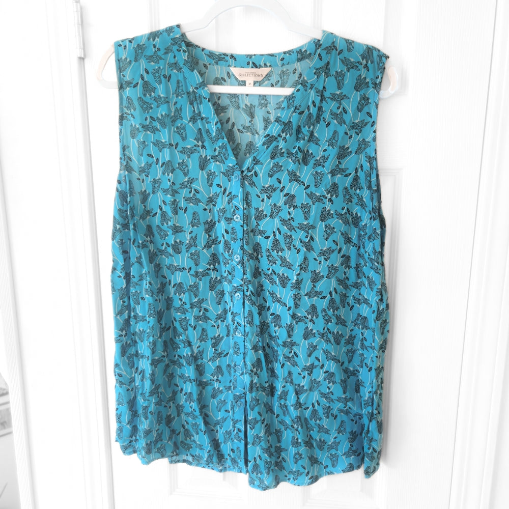 Northern Reflections Blue Floral Button-Up Sleeveless Blouse [XL] - Velora