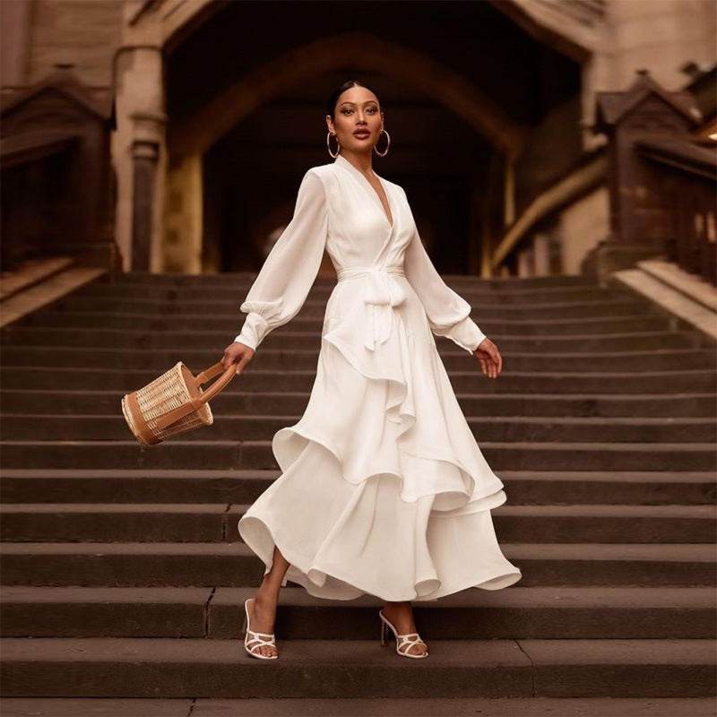 V-neck Prom Dress Long Sleeve Ruffles Long Prom Dress Elegant Dresses For Women White Satin Dress Layered Woman Clothes Casual - Velora