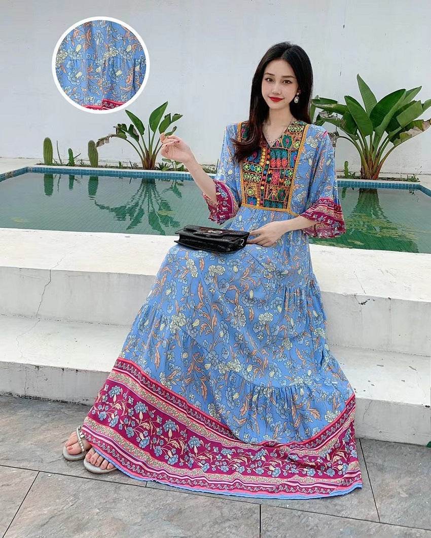 V-neck Embroidery Bell Sleeve Waist Trimming Casual Dress - Velora