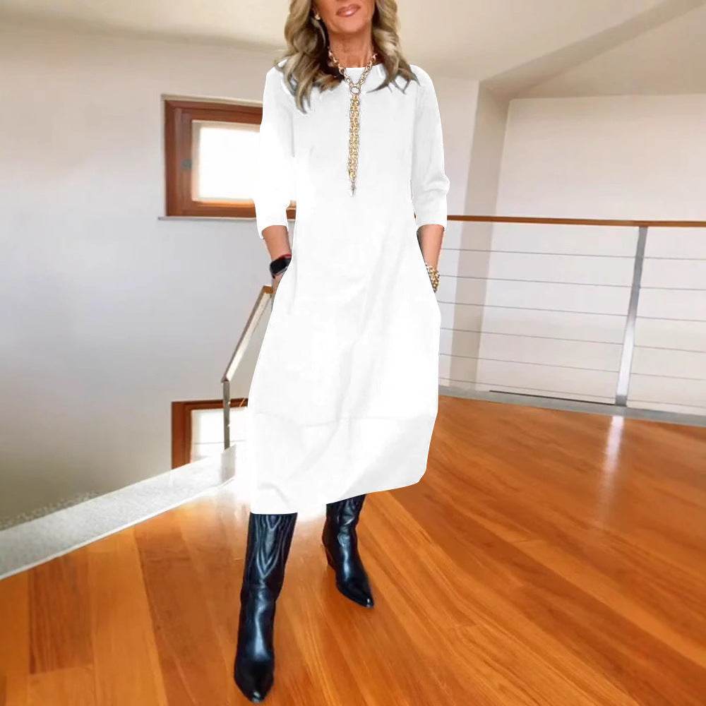 Autumn And Winter New All-matching Solid Color Loose Round-neck Long-sleeved Dress Women - Velora