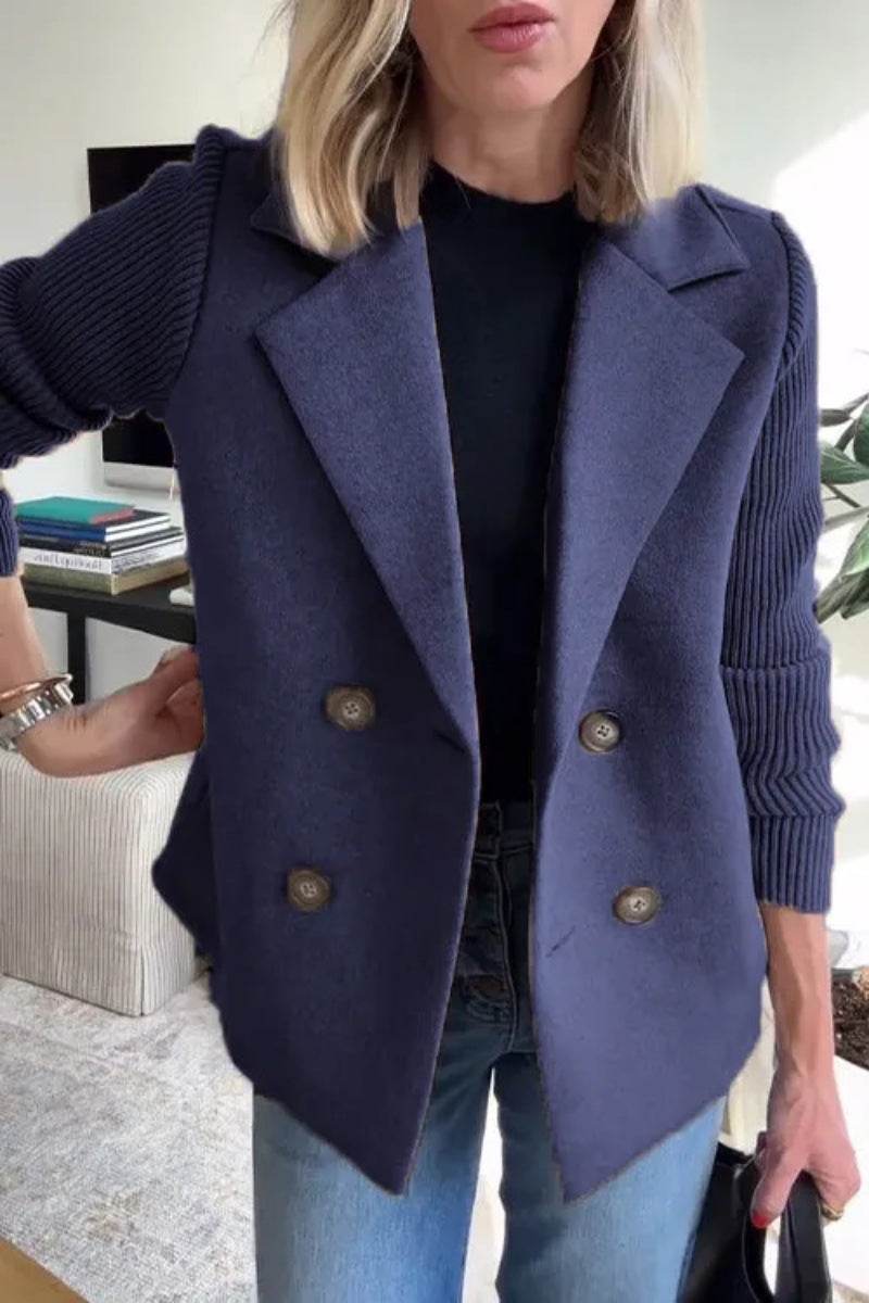 Double Breasted Lapel Jacket Fashion Knitted Sleeves Splicing Design Coat Outerwear Women's Clothing - Velora