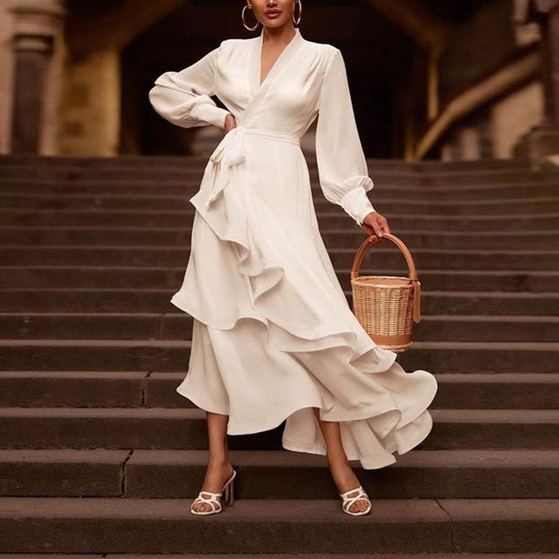 V-neck Prom Dress Long Sleeve Ruffles Long Prom Dress Elegant Dresses For Women White Satin Dress Layered Woman Clothes Casual - Velora