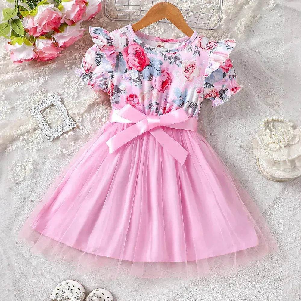 Girls Puff Sleeve Flower Printed Mesh Dress Baby girl dress gown - Velora