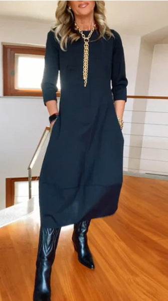 Autumn And Winter New All-matching Solid Color Loose Round-neck Long-sleeved Dress Women - Velora