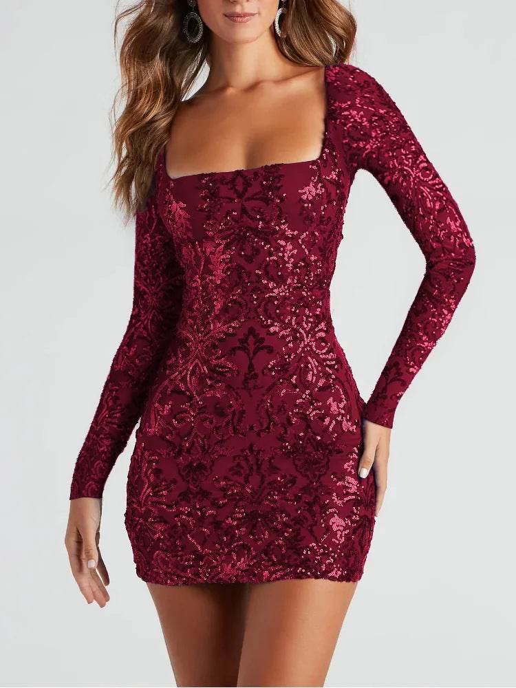 Sexy Backless Sequins Dress Fashion Slim Square Neck Long Sleeves Dresses Women Clothing - Velora