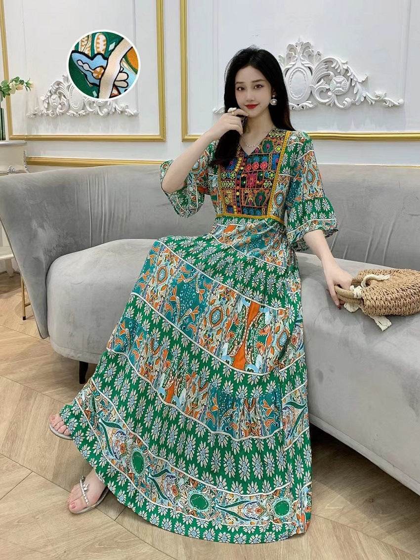 V-neck Embroidery Bell Sleeve Waist Trimming Casual Dress - Velora