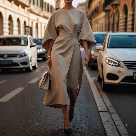 Loose Batwing Sleeve Dress Fashion Waist-tighted Solid Color Elegant Dresses For Women Clothing - Velora