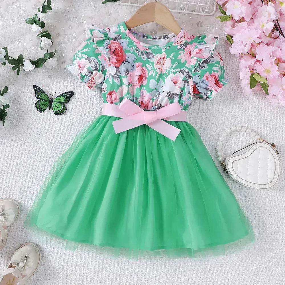 Girls Puff Sleeve Flower Printed Mesh Dress Baby girl dress gown - Velora