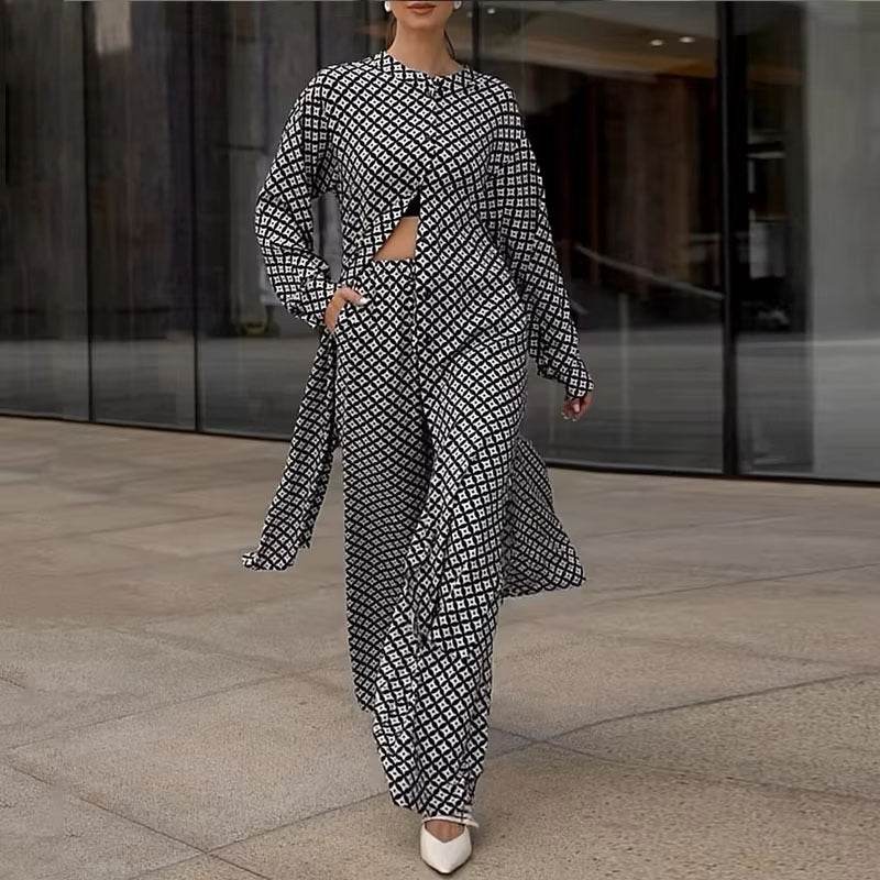Printed Long Sleeve Loose Printed Two-piece Suit - Velora