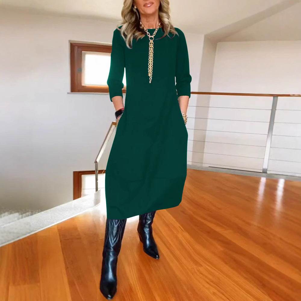 Autumn And Winter New All-matching Solid Color Loose Round-neck Long-sleeved Dress Women - Velora
