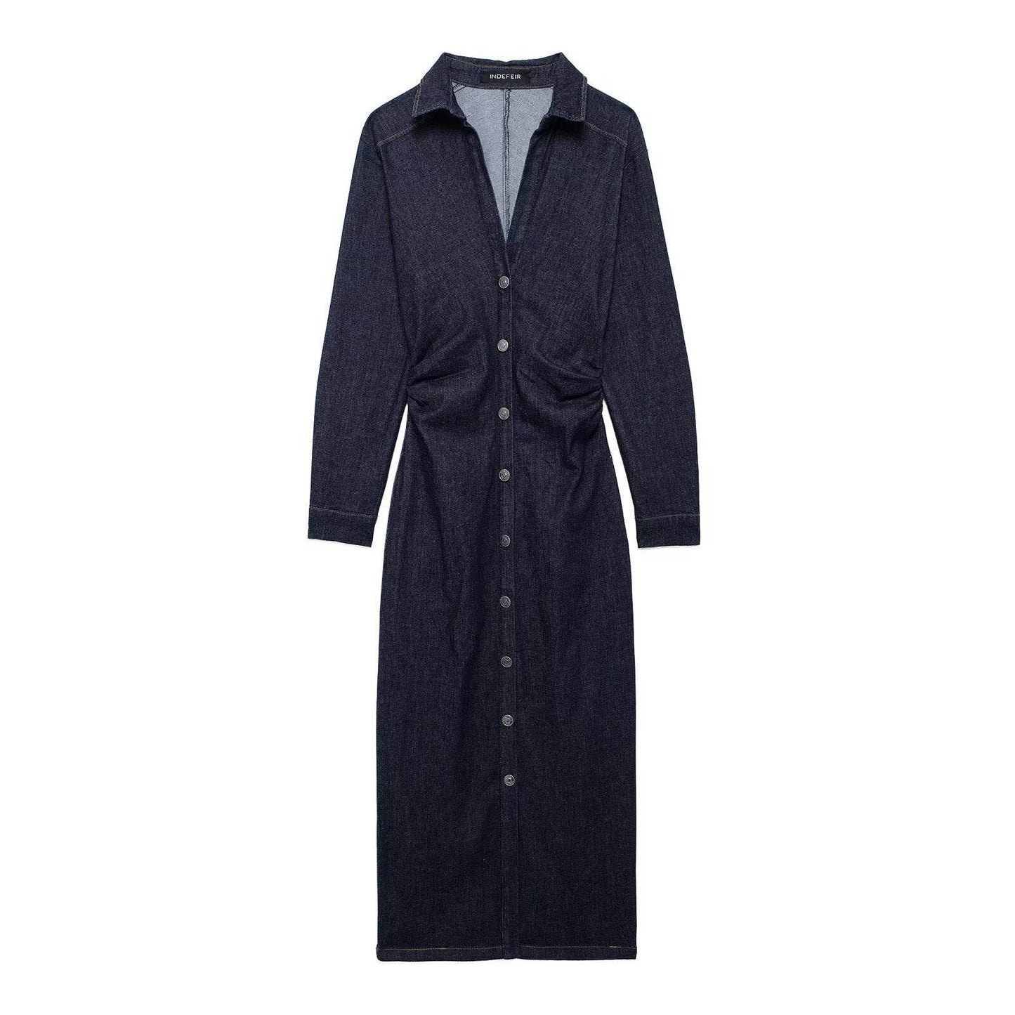 European And American Style Fashion Dark Blue Long sleeve Denim Shirt Dress