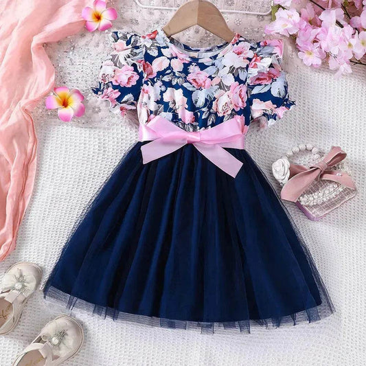 Girls Puff Sleeve Flower Printed Mesh Dress Baby girl dress gown - Velora