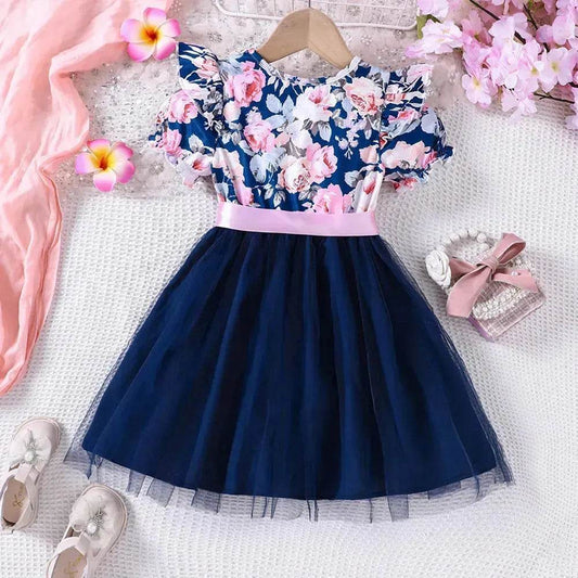 Girls Puff Sleeve Flower Printed Mesh Dress Baby girl dress gown - Velora