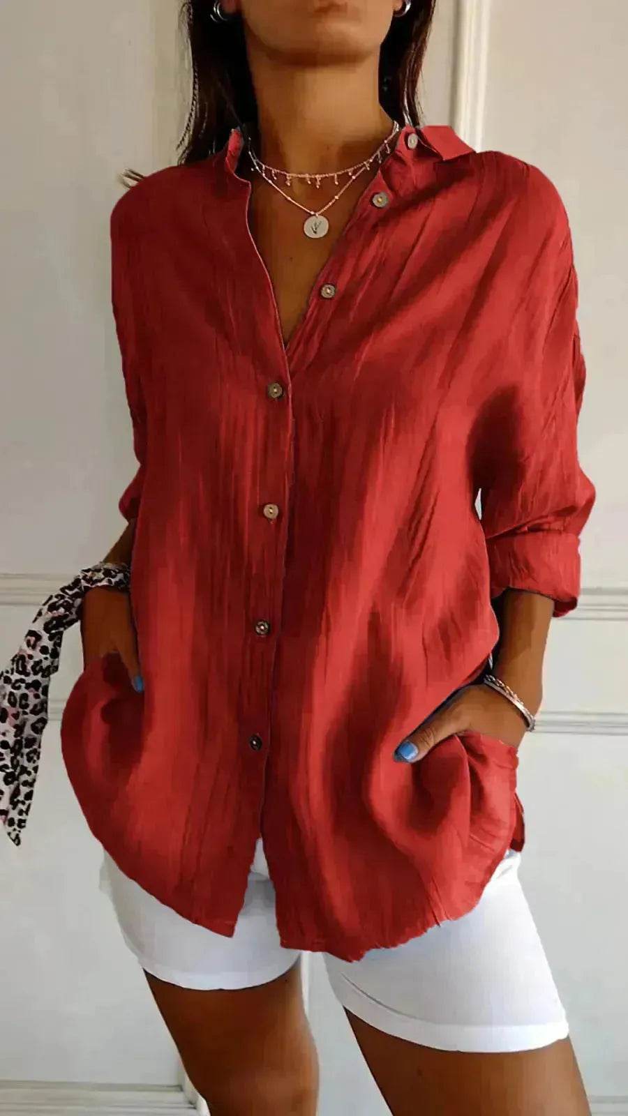 Fashionable Lapel Long Sleeve Shirt Top Women's Single-breasted Pleated Shirt Women Tops - Velora