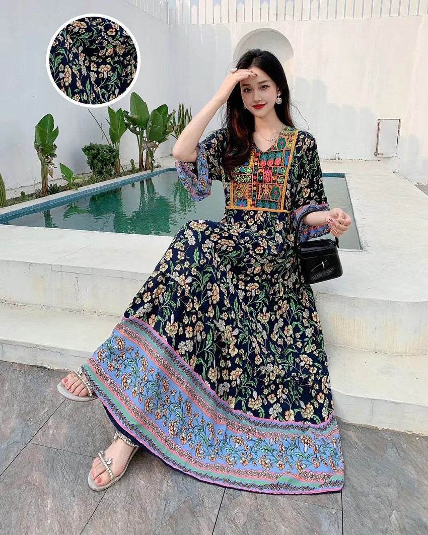 V-neck Embroidery Bell Sleeve Waist Trimming Casual Dress - Velora