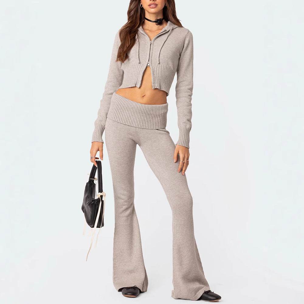 Fashion Knitted Hooded Suit Long Sleeve Zipper Cropped Top And Slim Flared Pants Trousers Solid Outfits Women's Clothing - Velora
