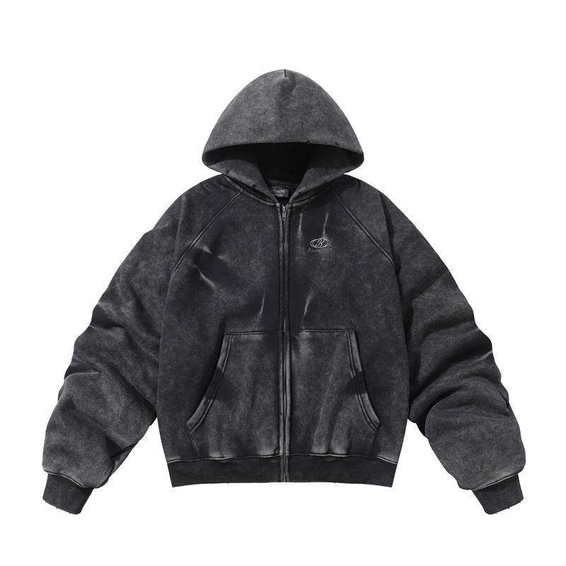Winter American Retro Washed Distressed Hooded Fleece Lined Sweater - Velora