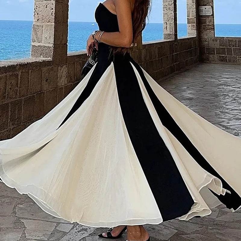 Summer New Color Contrast Patchwork Pure Desire Style Tube Top Dress - Velora