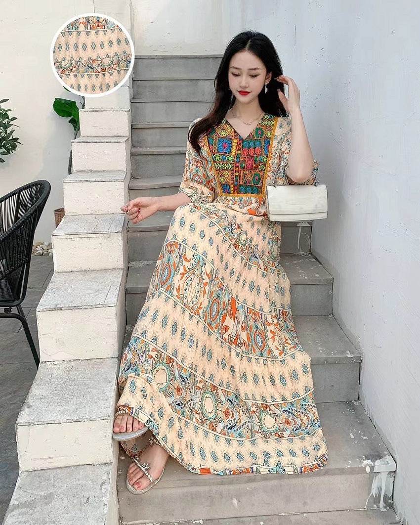 V-neck Embroidery Bell Sleeve Waist Trimming Casual Dress - Velora