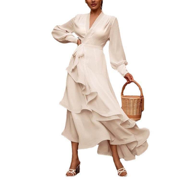 V-neck Prom Dress Long Sleeve Ruffles Long Prom Dress Elegant Dresses For Women White Satin Dress Layered Woman Clothes Casual - Velora