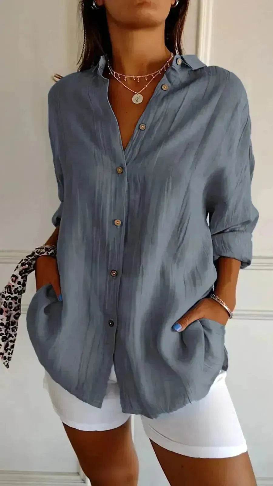 Fashionable Lapel Long Sleeve Shirt Top Women's Single-breasted Pleated Shirt Women Tops - Velora