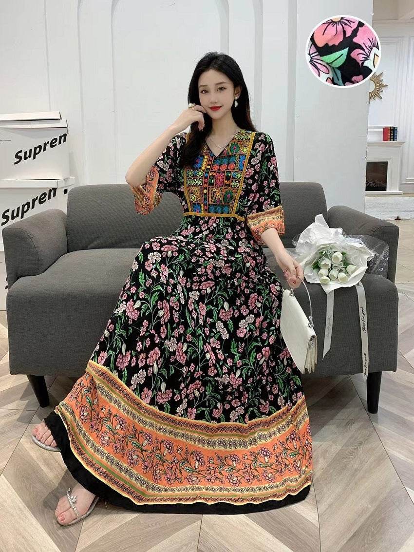 V-neck Embroidery Bell Sleeve Waist Trimming Casual Dress - Velora