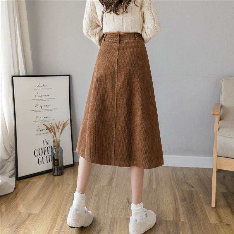 Retro Button A-line Fashion flared Corduroy Midi Skirt - Velora