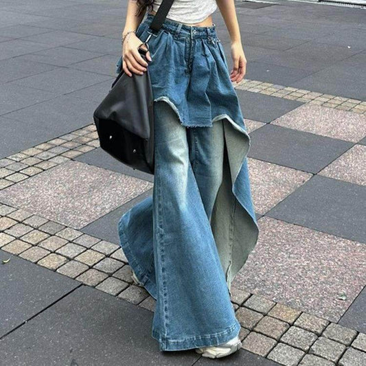 False two piece Denim Skirt High waist Fake 2 piece Skirt jeans pant - Velora