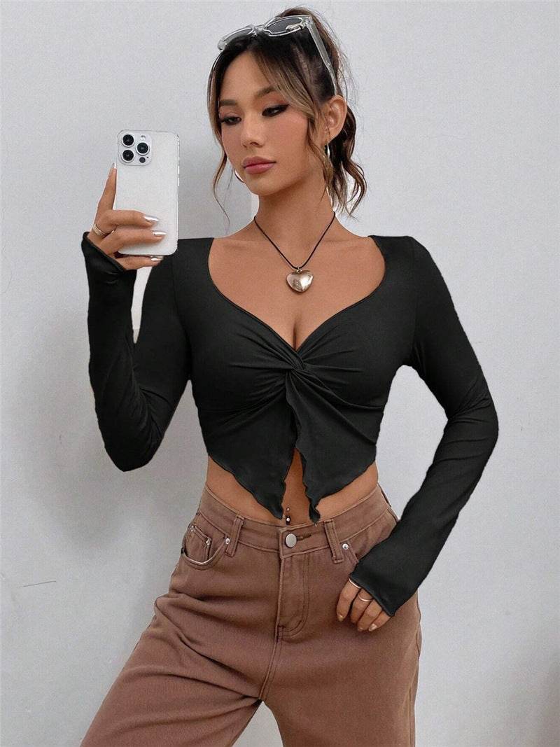 Slim fit top Front Twist Irregular Long Sleeve V-neck tank top For Women - Velora