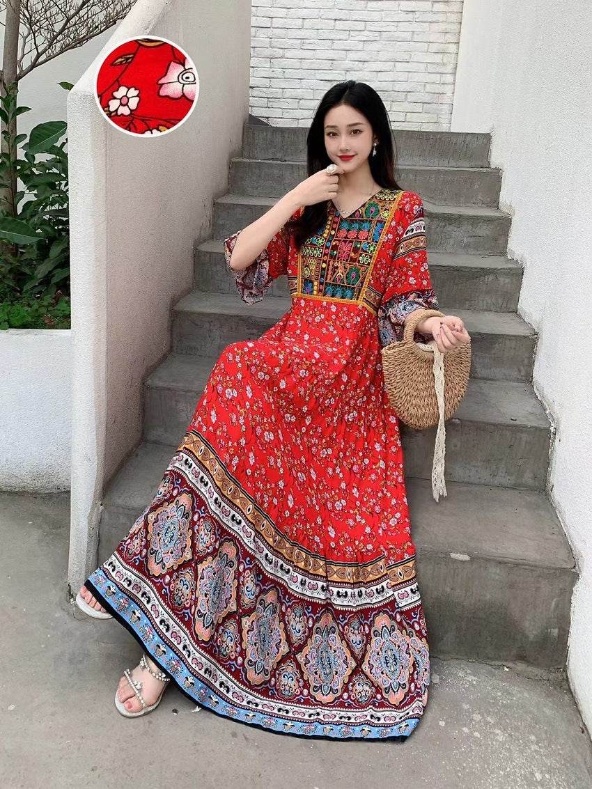 V-neck Embroidery Bell Sleeve Waist Trimming Casual Dress - Velora