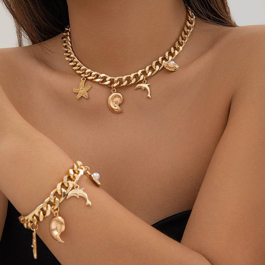 Creative Boho Conch Dolphin Starfish Pendant Choker Necklace Bracelets Women Trendy Vintage Tassel Chain Grunge Jewelry Fashion Jewelry - Velora