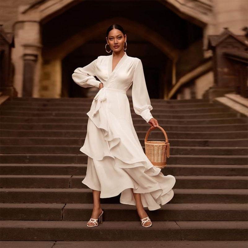 V-neck Prom Dress Long Sleeve Ruffles Long Prom Dress Elegant Dresses For Women White Satin Dress Layered Woman Clothes Casual - Velora