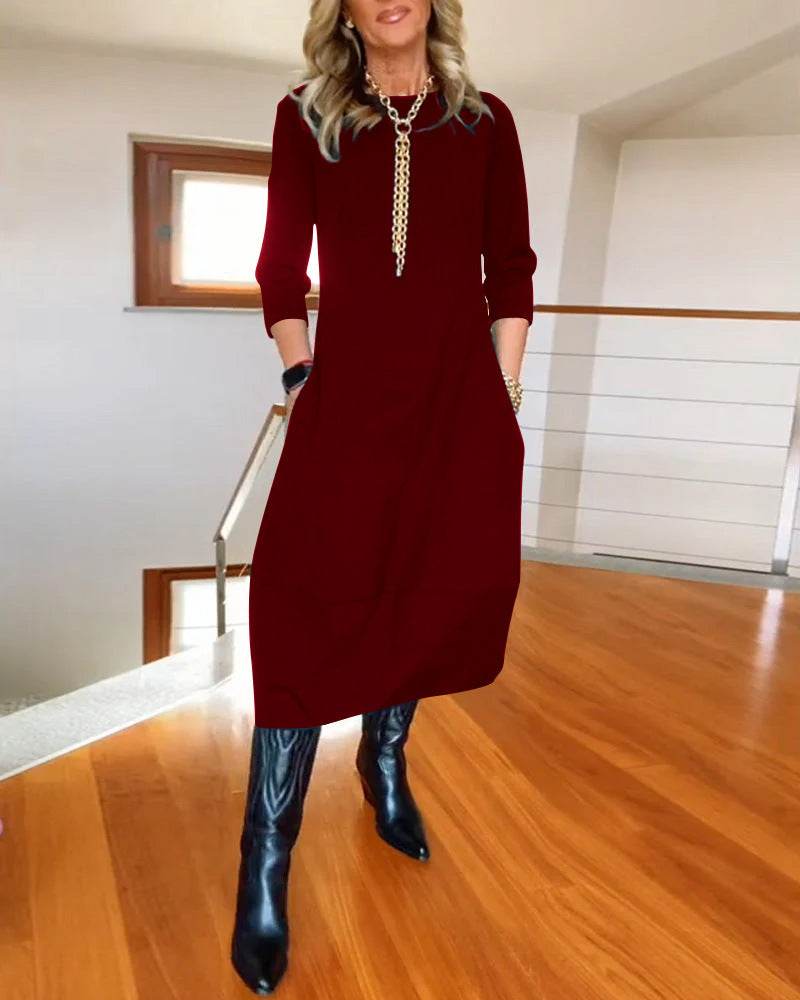 Autumn And Winter New All-matching Solid Color Loose Round-neck Long-sleeved Dress Women - Velora