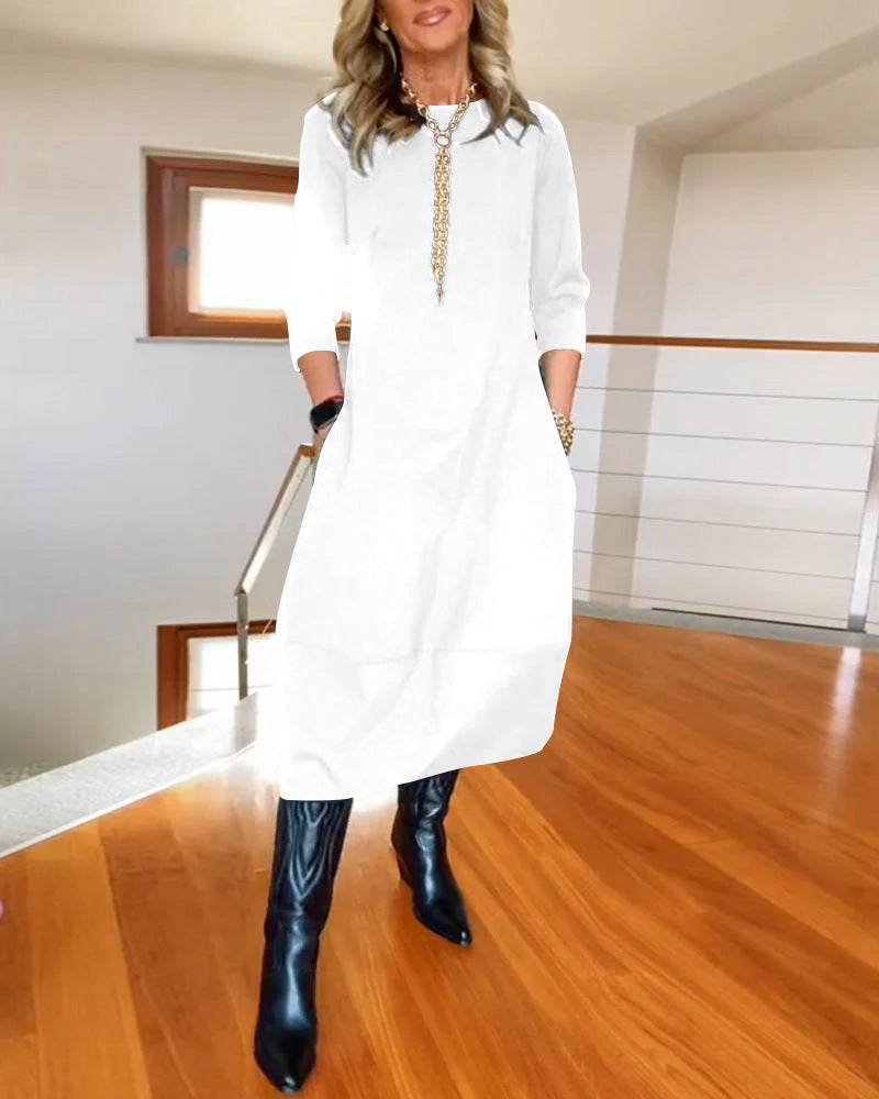 Autumn And Winter New All-matching Solid Color Loose Round-neck Long-sleeved Dress Women - Velora