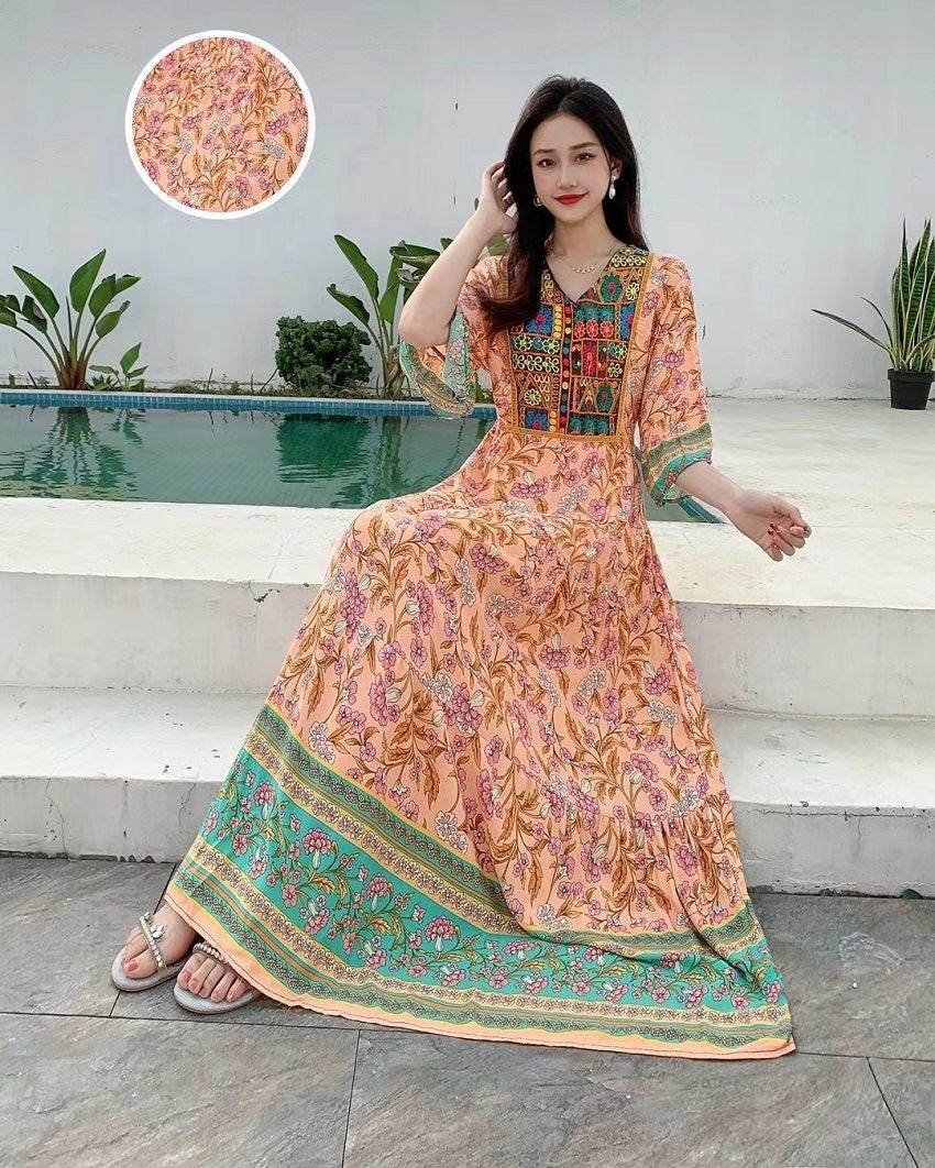 V-neck Embroidery Bell Sleeve Waist Trimming Casual Dress - Velora