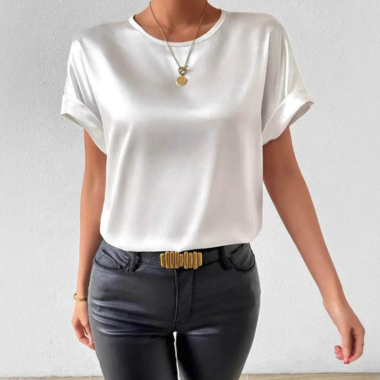 Elegant Solid Color Round Neck Short Sleeves Top T-shirt - Velora