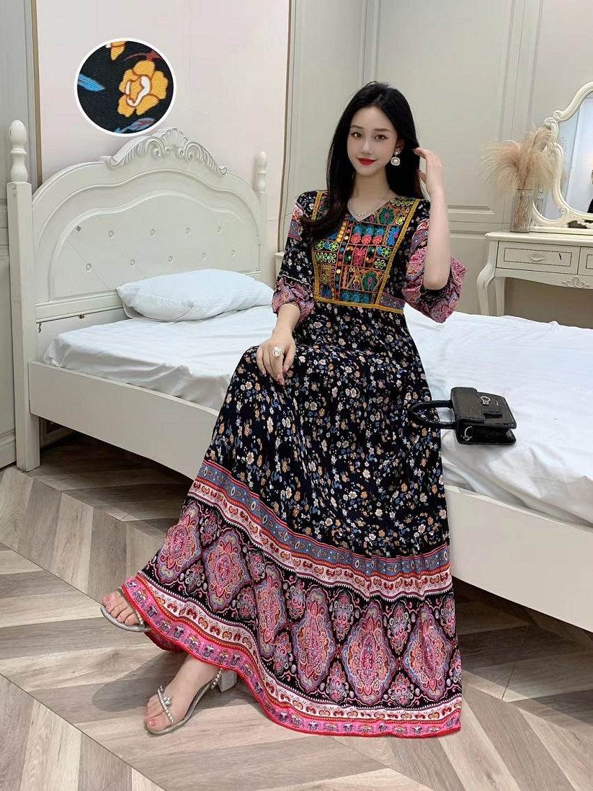 V-neck Embroidery Bell Sleeve Waist Trimming Casual Dress - Velora