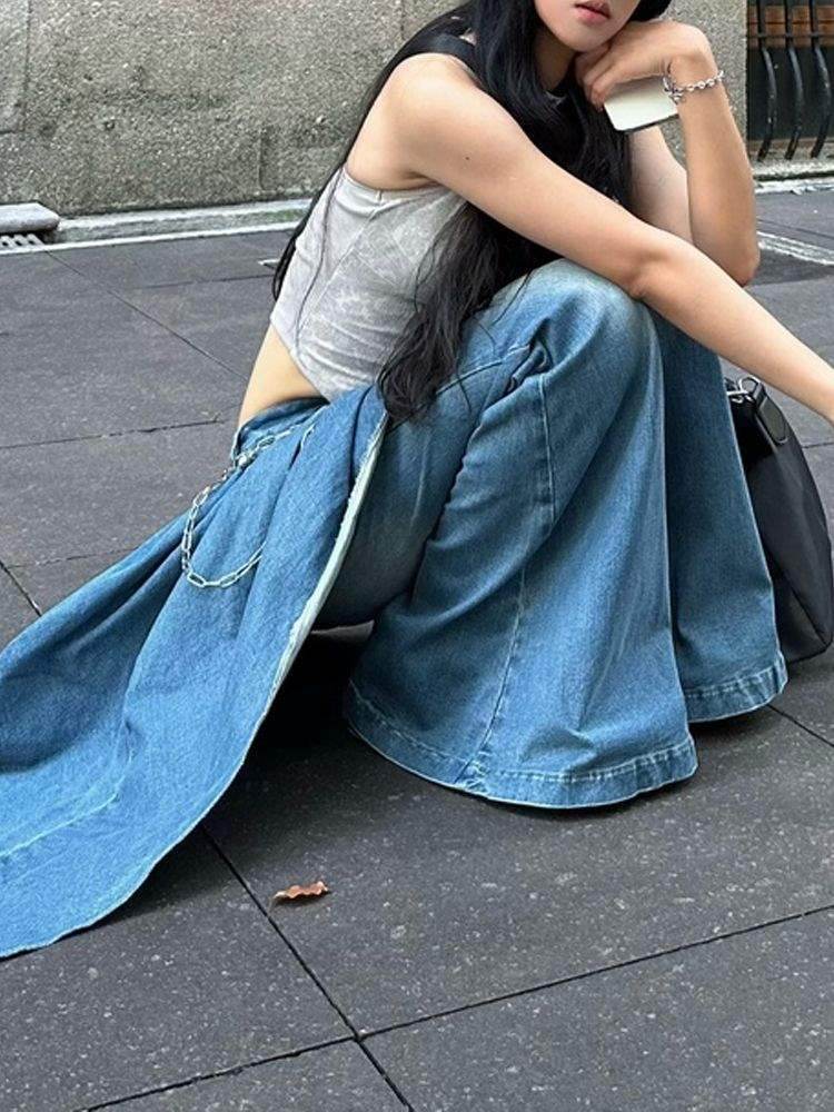 False two piece Denim Skirt High waist Fake 2 piece Skirt jeans pant - Velora