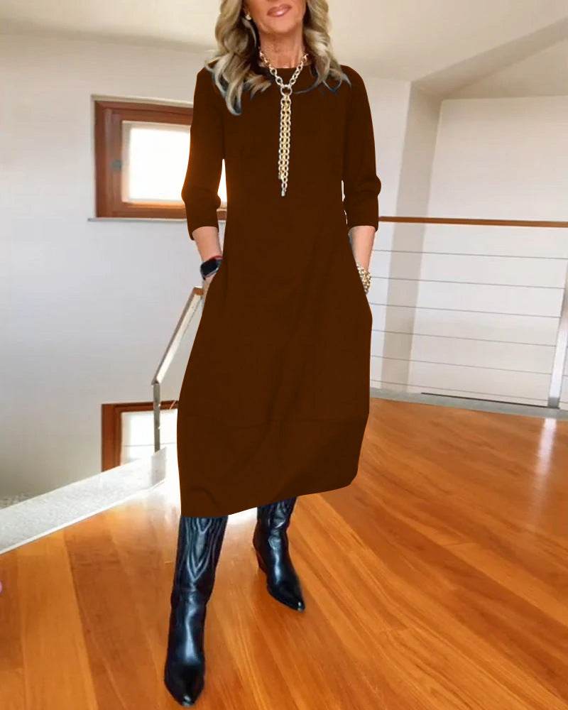 Autumn And Winter New All-matching Solid Color Loose Round-neck Long-sleeved Dress Women - Velora