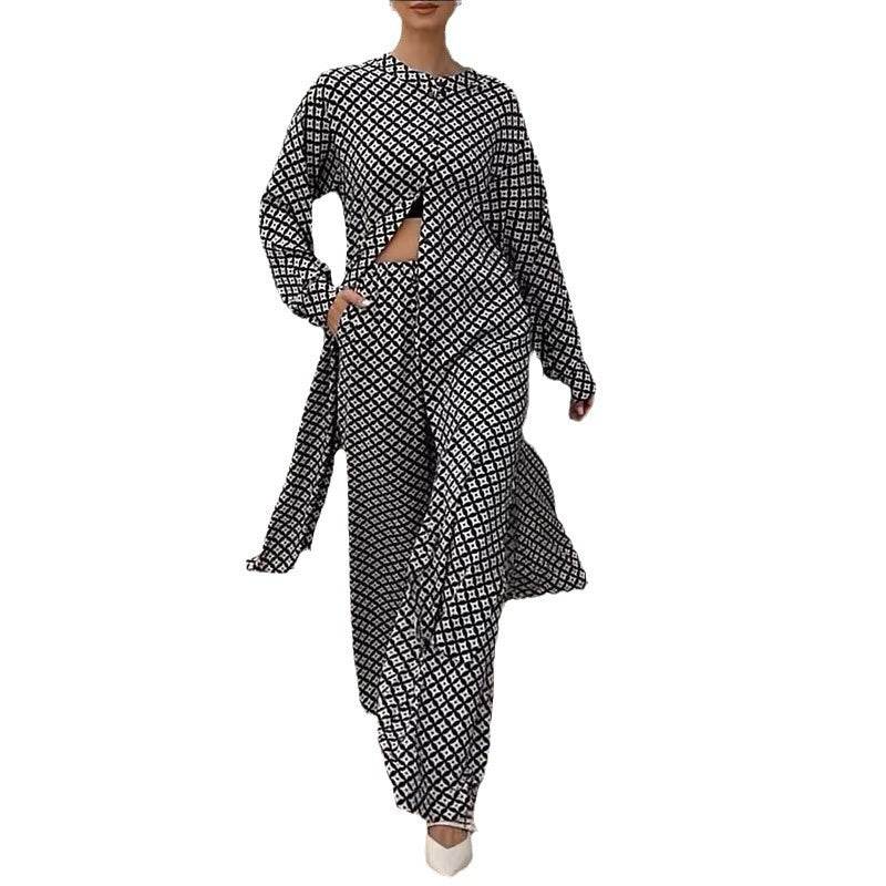 Printed Long Sleeve Loose Printed Two-piece Suit - Velora