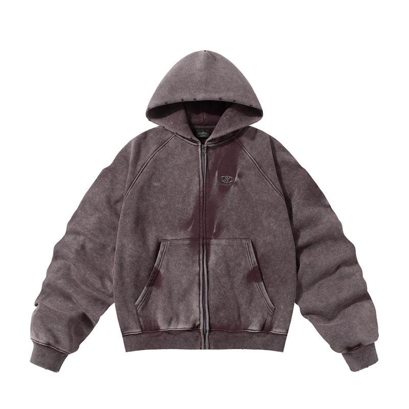 Winter American Retro Washed Distressed Hooded Fleece Lined Sweater - Velora