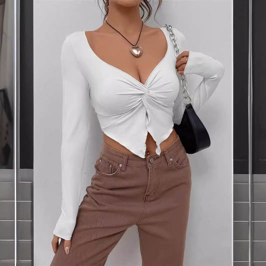 Slim fit top Front Twist Irregular Long Sleeve V-neck tank top For Women - Velora