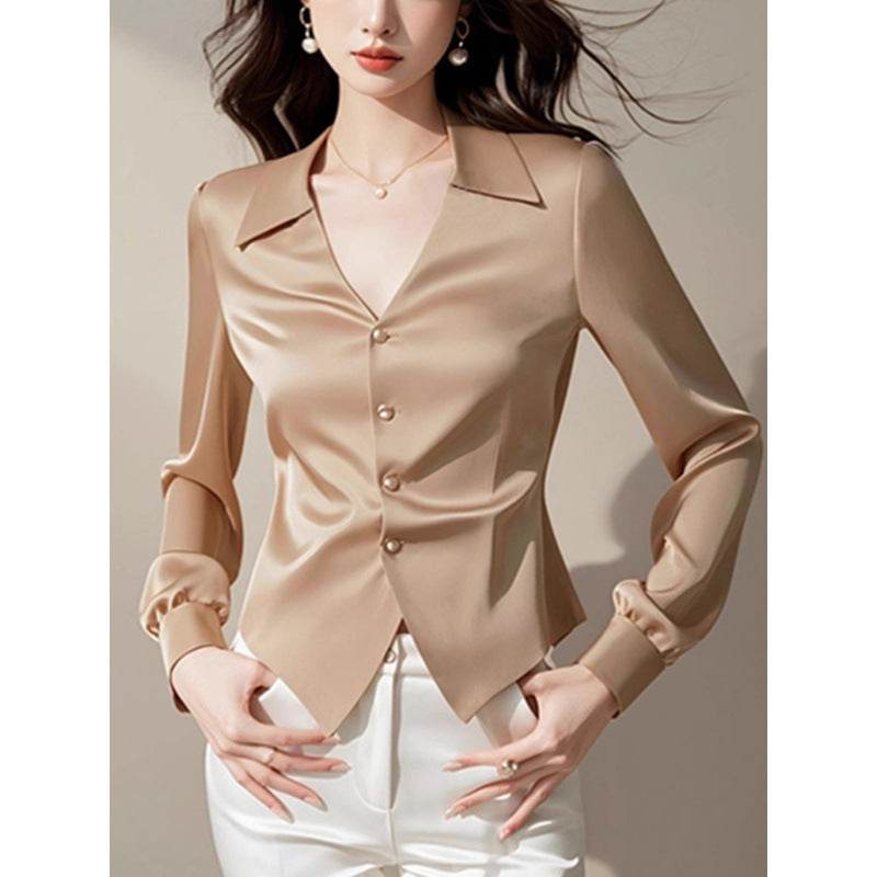 V-neck Long Sleeve Waist Trimming Shirt Women - Velora