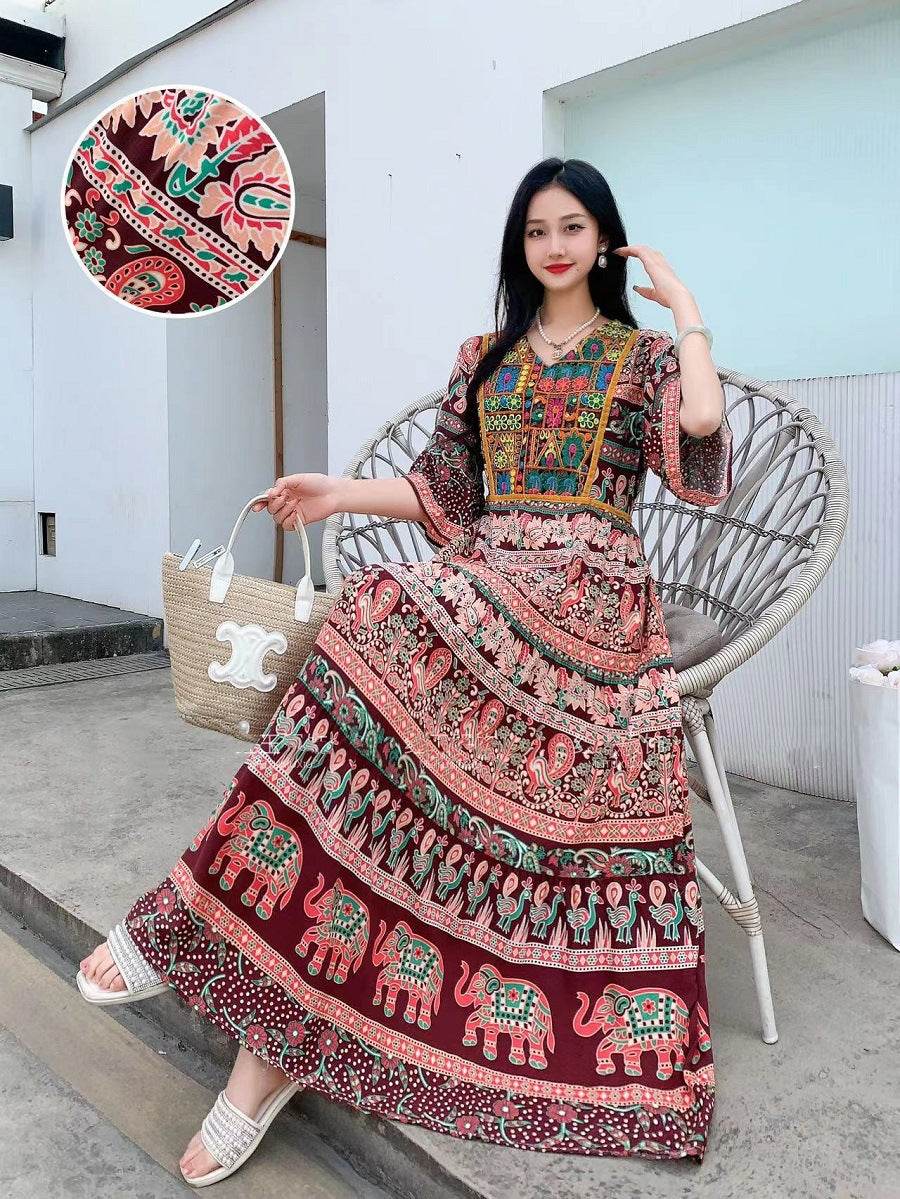 V-neck Embroidery Bell Sleeve Waist Trimming Casual Dress - Velora