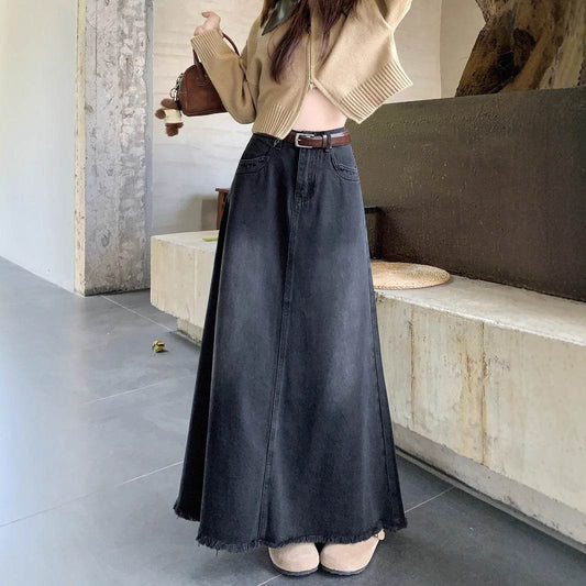 Long Denim Skirt Solid Cotton A Line Style - Velora